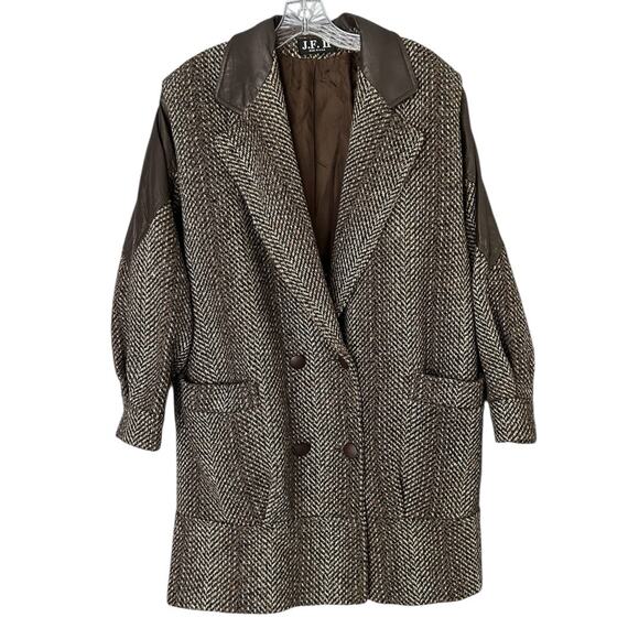 Vintage 80s J.F. II Wool Blend Coat Brown Herringbone Women's 1X USA Oversized - Picture 1 of 10